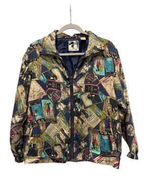 Ac-tiv-ology Eclectic 100% Silk Golf Newspaper Graphic Print Bomber Jacket W M